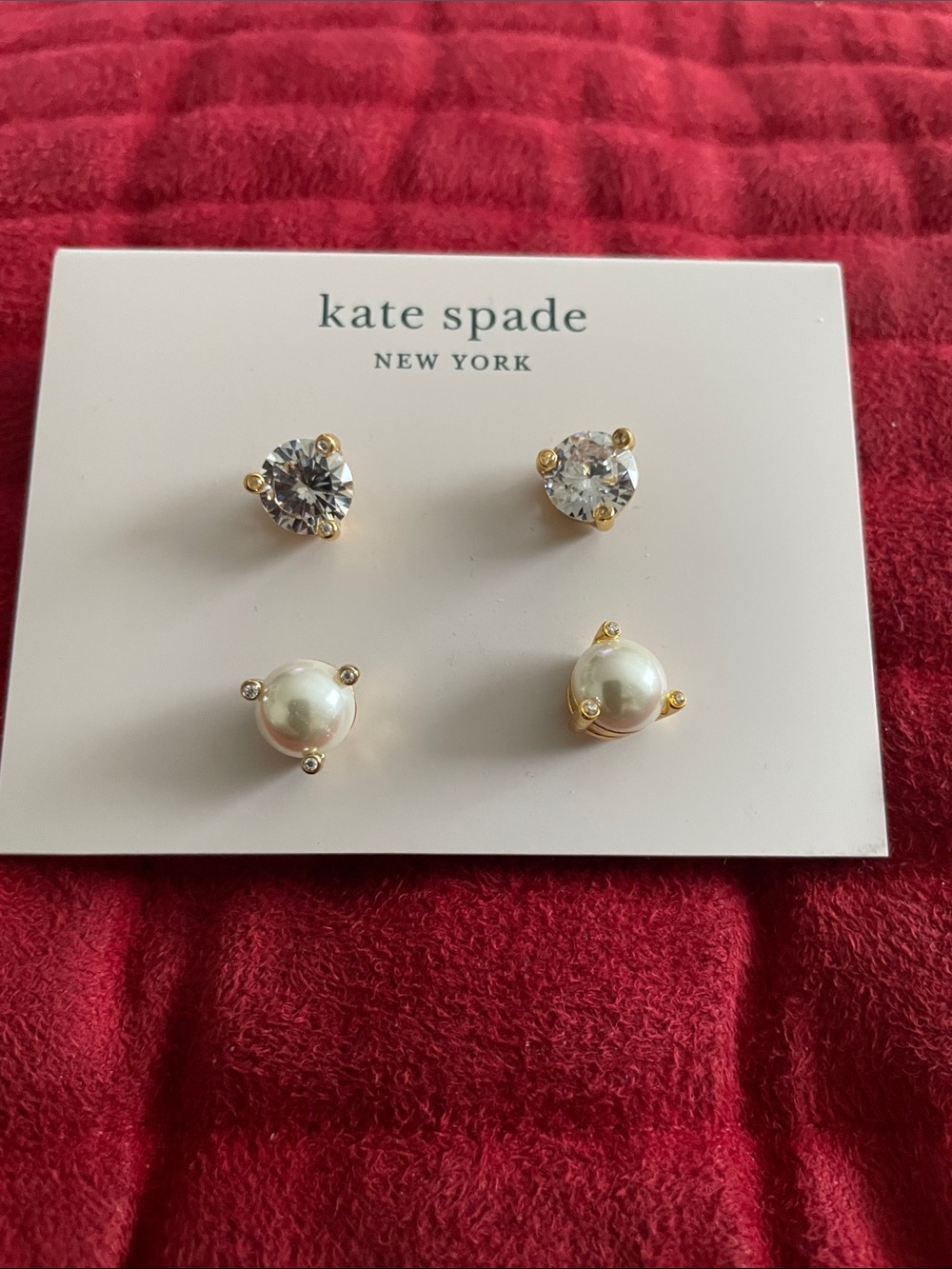 kate spade Gold Tone Pearl and Crystal Stud Earring Set NWT
